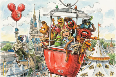 Muppets in a Skybucket Sketch Walt Disney World Poster Gonzo Kermit 11x17 MATTE