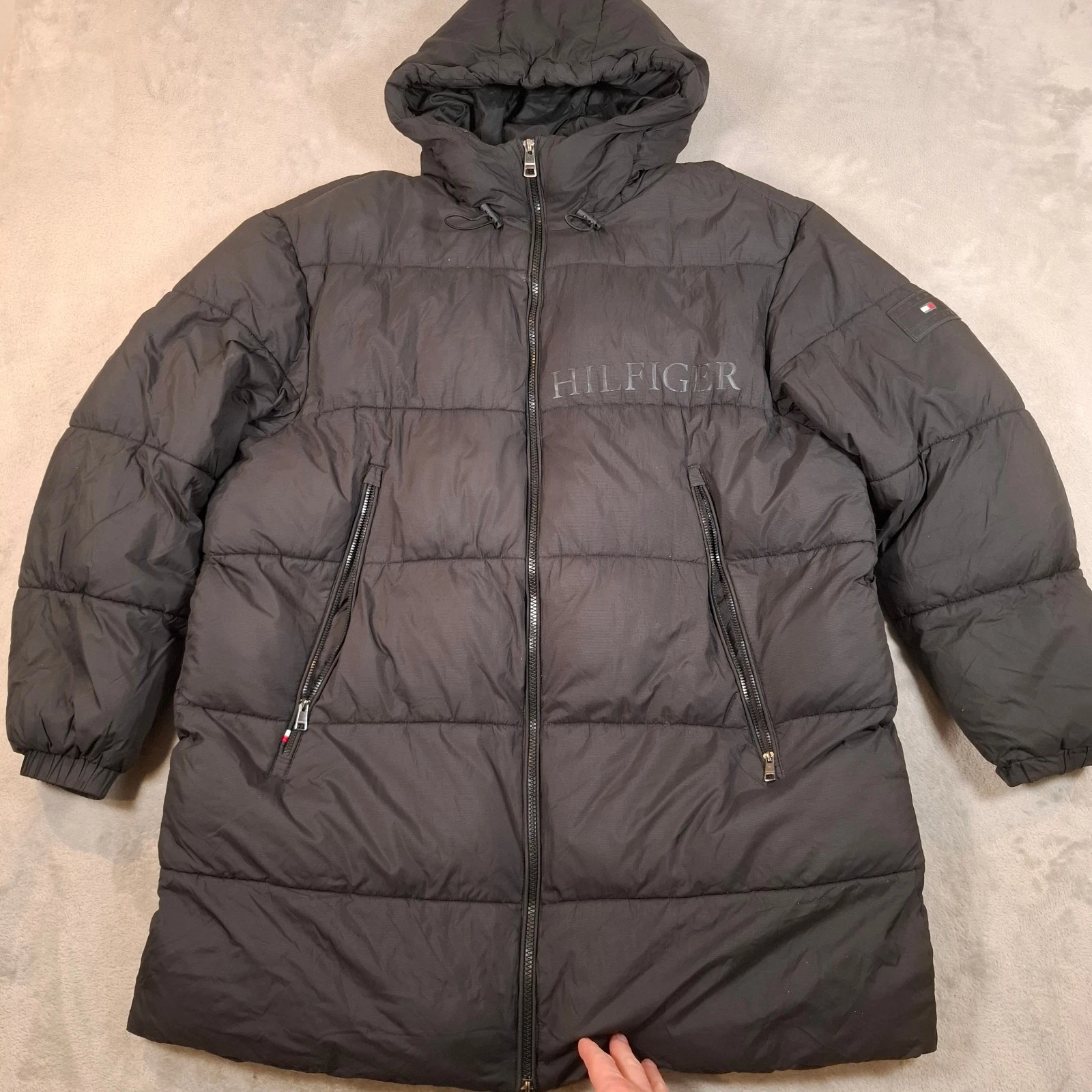 Tommy Hilfiger Parka Mens Medium Black Puffer Hooded Long Coat Winter THProtect