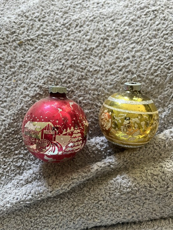 Vintage Hand Blown Glass Stenciled Christmas Ornaments Lot Of Two