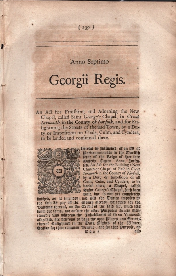 Great Yarmouth Finishing Saint George's Chapel & Duty on Coal 1720 George I Act - Image 3 of 3