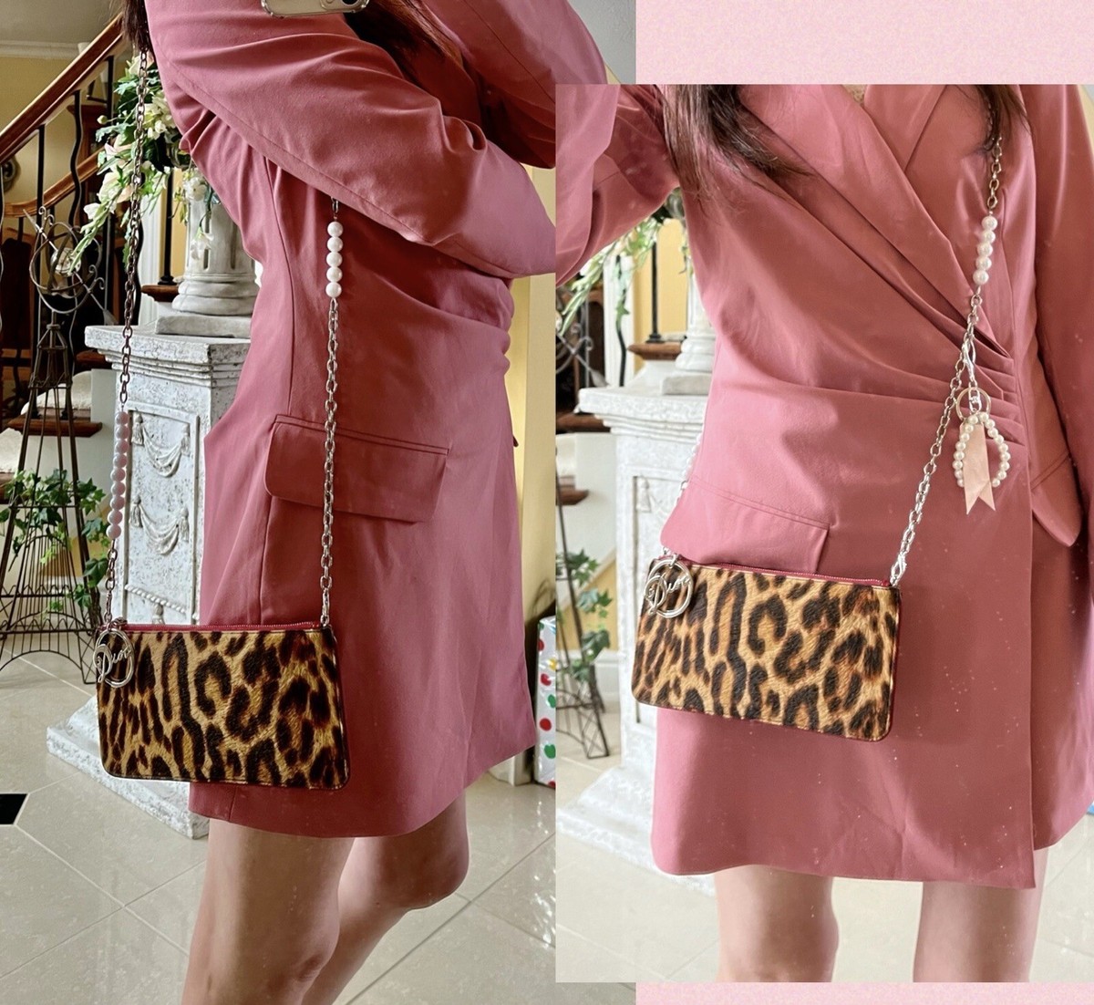 Christian Dior GAMBLER Leopard Fur Red DIOR Charm Clutch 