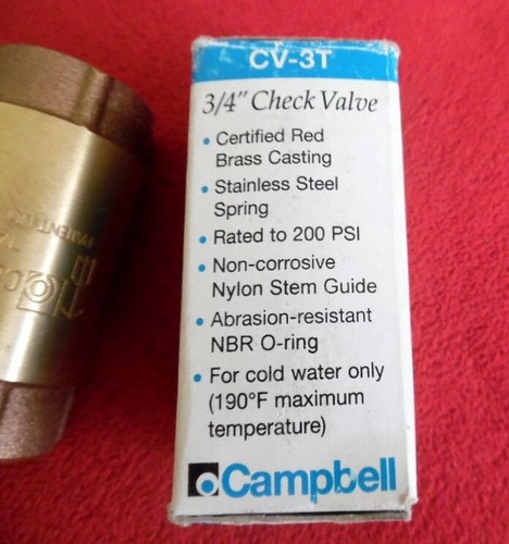 Spring Check Valve, Brass, 3/4 Inch Campbell Mfr. Model # CV-3T - Picture 2 of 2
