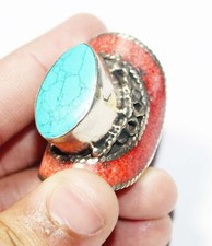 Tibetan Turquoise Red Coral Handmade Gemstone Jewelry Ring Size 10.5 inches