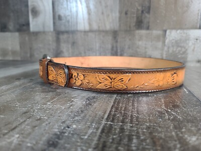 Butterfly Flower DESIGN Leather Belt Hand Tooled SIZE 26 display picture 2