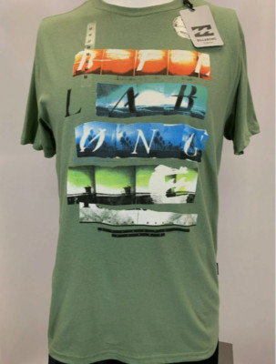 Billabong Mens Shirt Medium XL Green Short Sleeve Slim Fit Graphic Beach Wave