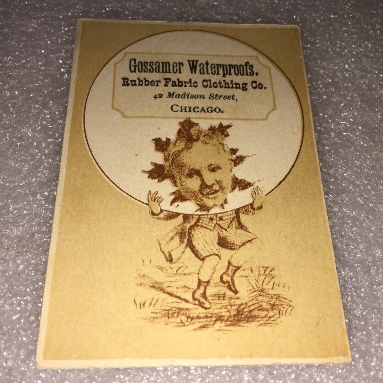 VINTAGE GOSSAMER WATERPROOFS RUBBER FABRIC CLOTHING CO.CHICAGO TRADE CARD