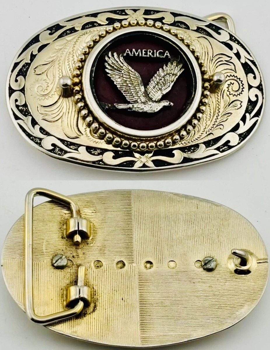 Western Patriotic Bald Eagle Centered Flower Swirl Americana Vintage Belt  Buckle