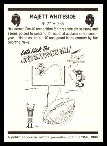 Majett Whiteside 1988 California Golden Bears Smokey #NNO Football Card - Picture 2 of 2