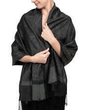Women's Two Tone Vintage Jacquard Paisley Pashmina Shawl Wrap Scarf Charcoal ...