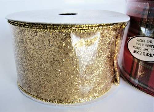 Wired Ribbon 60 Feet Metallic Gold & Red Plaid 2.5", 3" Wreath Gift Wrap Crafts - Picture 7 of 9