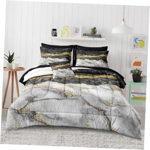 Comforter Set with Sheet 8 Pieces Marble Comforter Set Size Bed King Black Gold-image