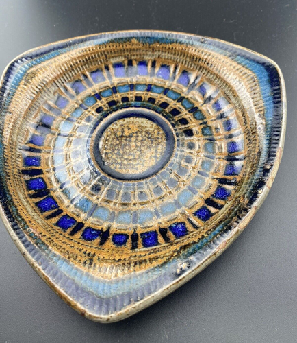 Signiertes Jepson Handarbeit Kunstkeramik blau & braun gestempelt Tablett Schmuckschale 6" - Bild 4 von 6