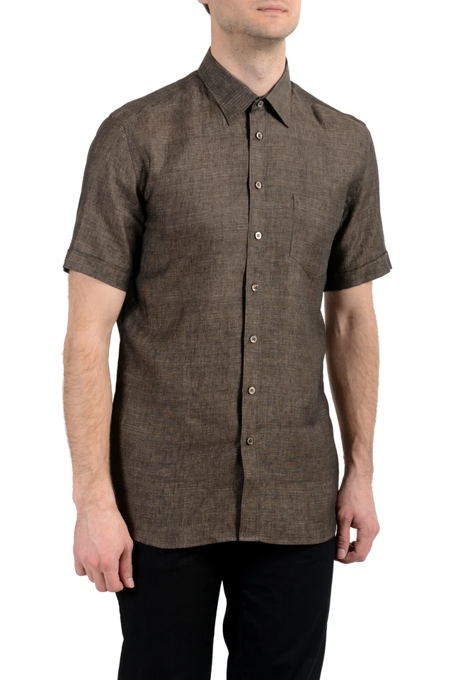 Camisa de vestir para hombre Malo marrón 100 % lino manga corta abotonada talla 15,75 16 Foto 2 de 4