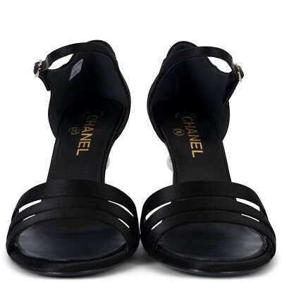70203 auth CHANEL black satin 2022 22K PEARL HEEL Sandals Shoes 41