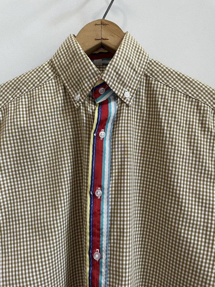 Mark McNairy Button Down Shirt Gingham Plaid Grosgrain Tan White S - Image 2 of 4