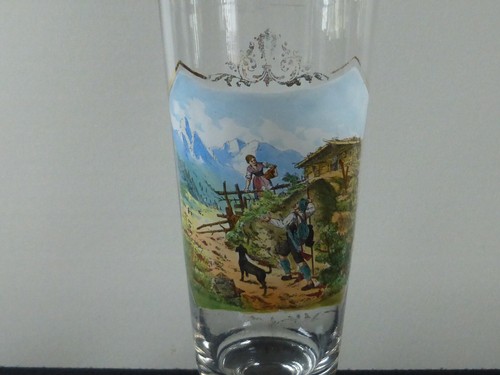 Altes mundgeblasenes Weizenglas Bockbierglas Jäger 'Besuch auf der Alm' um 1900 - Bild 5 von 7