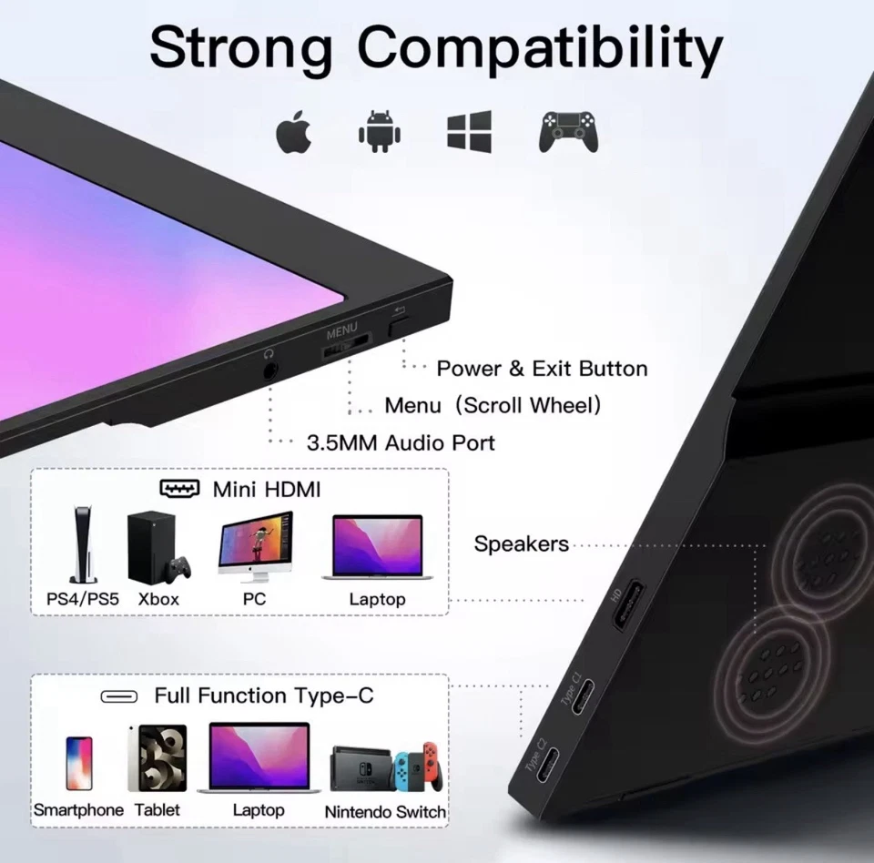 15.6 inch Portable Monitor for Laptop, 1080P 7/2 NTSC 100 sRGB HDR USB C HDMI - Image 2 of 4