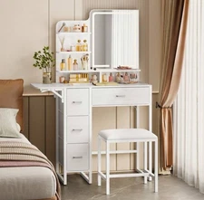 White Vanity Desk Set with LED Mirror Lights, Charging Station, and Bench