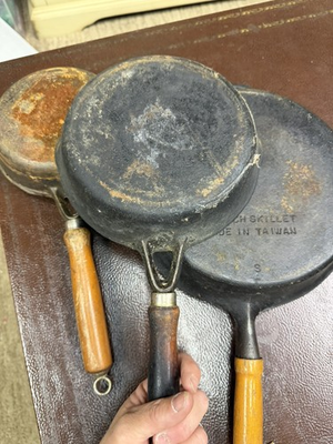 #ad 3 Vintage Cast Iron Skillet with Wooden Handle — Made in Taiwan $95.00