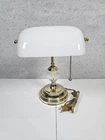 Vintage Brass Bankers Desk Table Lamp Milk While Glass Shade - Tested & Works!