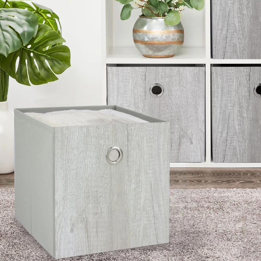 Collapsible Fabric Cube Storage Bins, Gray Wood, 4 Pack, 10.5 x 10.5 x 10.75 in - thumbnail 3