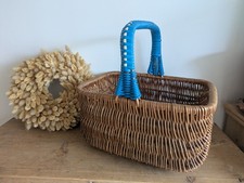 Vintage 1950s Wicker Shopping Basket with Handle, Blue Plastic Trim Vgc Retro 