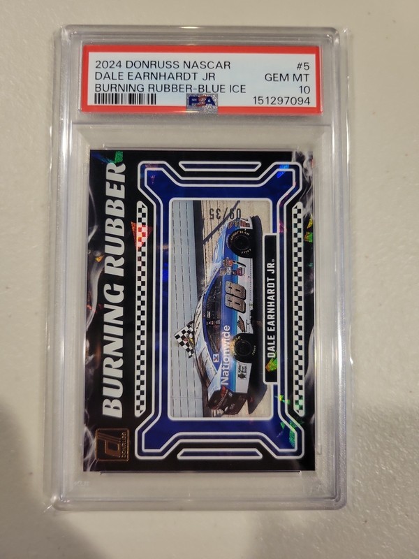 2024 Donruss Racing Burning Rubber Blue Ice #5 Dale Earnhardt Jr 09/35 PSA 10