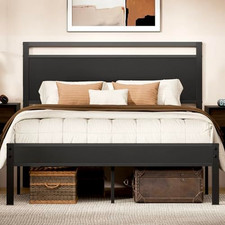 Z-hom Queen Bed Frame with Wooden Headboard & Footboard,Metal Queen, Black