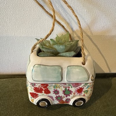 Natural Life Hanging Van Planter Boho Ceramic Succulent Pot VW Bus Floral Mini￼