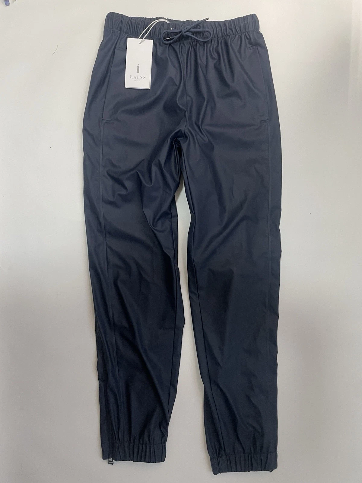 RAINS Pants S/M UNISEX waterproof Practical Cool NAVY Ankle Zip Drawstring SCAND