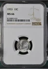 1953 Roosevelt Dime, NGC MS 66, Slight Toning