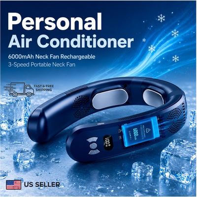 #ad Blue Personal Air Conditioner 6000mAh Neck Fan Rechargeable 3 Speed Portable $48.99