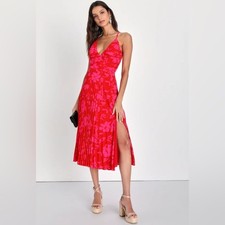 Lulus Vibrant Moment Red and Pink Floral Pleated Lace-Up Midi Dress size M