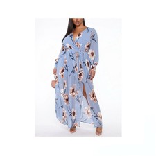 Fashion Nova Womens Dress Park Avenue Dusty Blue Floral Maxi Surplice Sz 3X