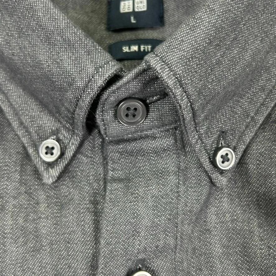 Camisa Uniqlo Ribete Denim Calce Ajustado Manga Larga Con Botones Para Hombres Grande Gris Foto 4 de 4
