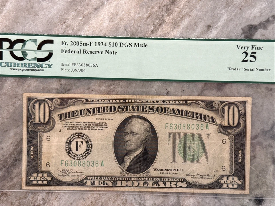 Fancy Radar Serial Number (63088036) 1934 $10 FRN Fr. 2005m-F PCGS VF25 - Image 2 of 4
