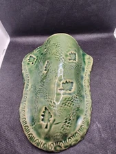 Glazed Green Pressed Leaves Pottery Wall Pocket With Hanger Hole