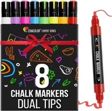 Zenacolor Liquid Chalk Markers Dual Tips - 8 Colors for Dry Erase Boards / Glass