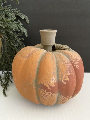Terracotta Clay Pottery Fall Autumn Orange Pumpkin W/Leaf CandleStick Holder - Picture 4 of 12