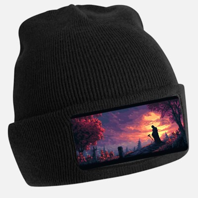 Black Beanie Hat with Cool Grim Reaper Motif - Unisex Cap, Cotton
