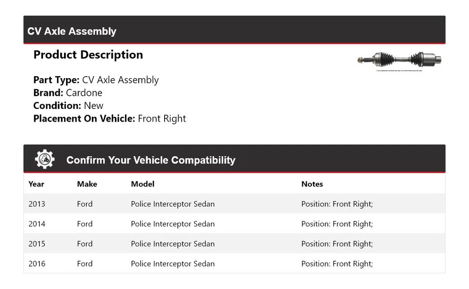 Conjunto de eje delantero derecho cardone para Ford Police Interceptor 2013-2016 sedán CV Foto 2 de 4