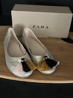 Zara Girls US Gold Ballerina Pom Pom Flats Shoes Girls