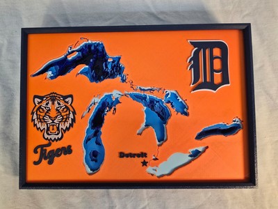Detroit Tigers Great Lakes 3D depth Map with Dark Blue Frame - 3D Printed.