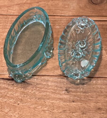 Fenton Glass Trinket Dresser Lidded Box Aqua Blue Iridescent Cabbage Rose - Picture 2 of 5