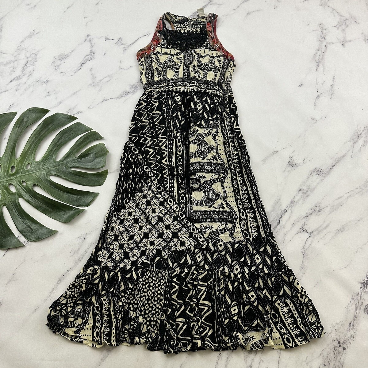 Lucky Brand Maxi Dress Size XS Cream Black Camel Print Floral Lace Beaded  Boho | eBay