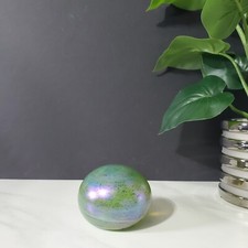 Vintage Iridescent Green Speckled Art Glass Sphere Orb Paperweight Signed