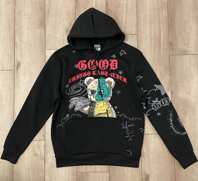 NWT Good Things Last 4Ever Pullover Hoodie-Men's M-Black Graphic Bear Stars-GTL4