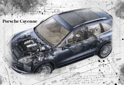 Line Tech Zeichnung Porsche Cayenne Auto Car Classic Cutaway Kunst Poster Druck