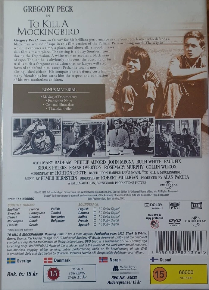 TO KILL A MOCKINGBIRD DVD NEW SEALED SWEDISH IMPORT WITH ENGLISH LANGUAGE #PB - Image 2 of 2