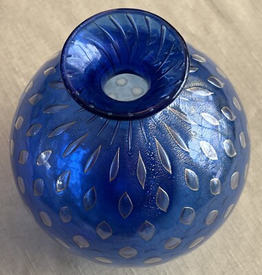 Archimede Seguso, Murano Blue & Gold Vase With Air Bubble